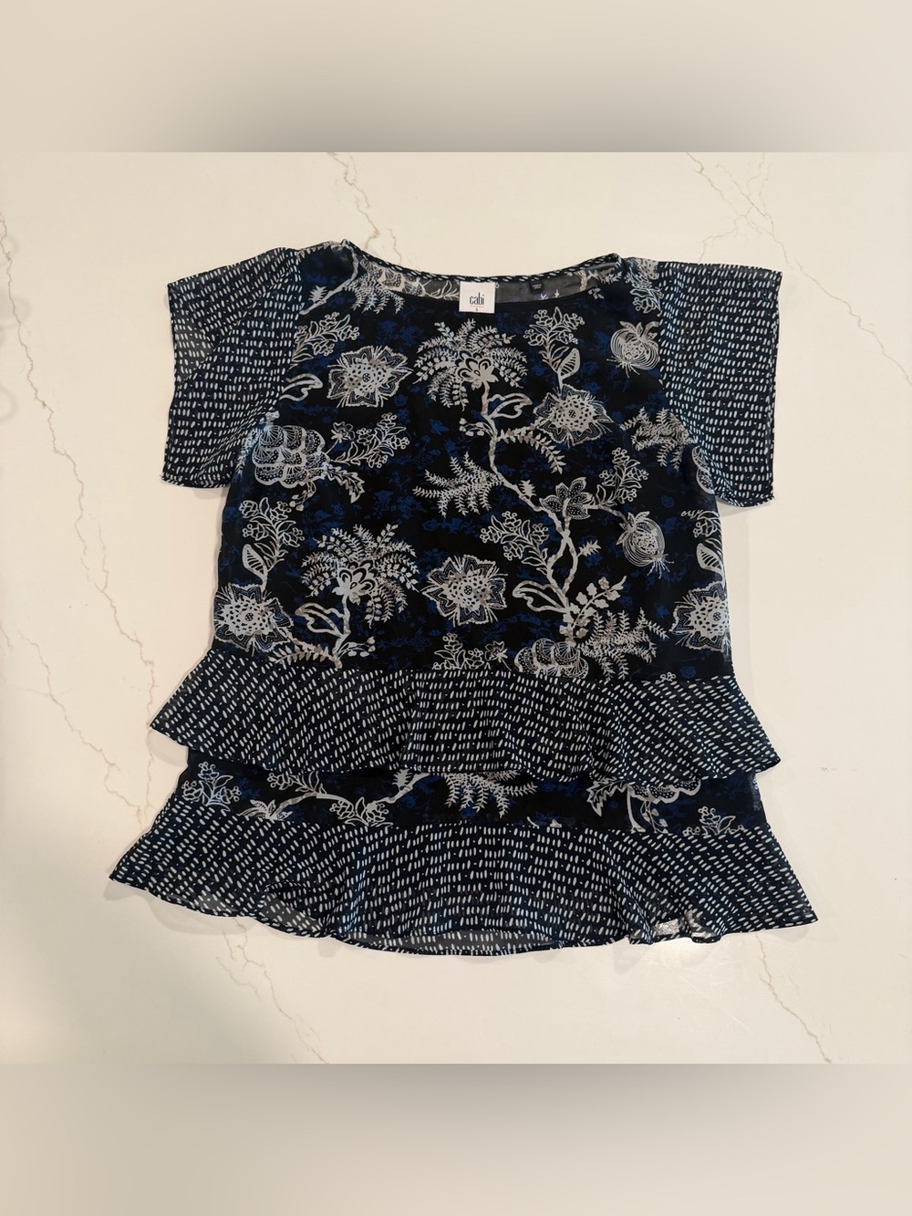 Navy Floral Ruffle Top